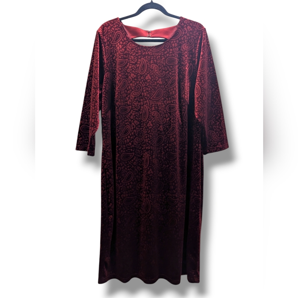 Spenser Jeremy Mulberry Velvet Paisley Back Cut-Out 3/4 Sleeves Midi Dress- 1X